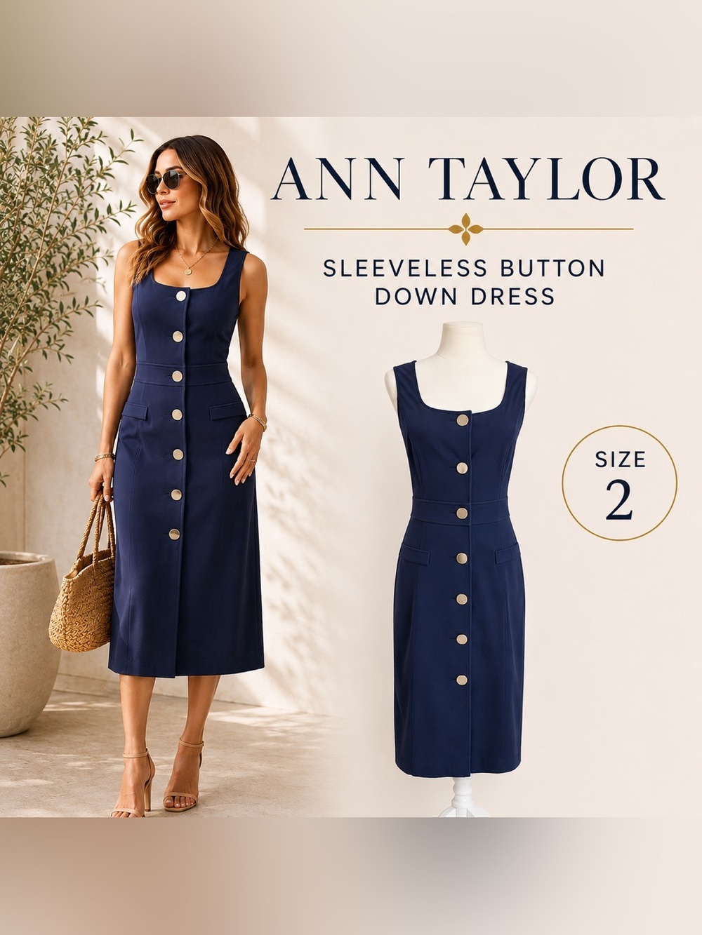 Ann Taylor Navy Blue Sheath Dress  2 Sleeveless Silver Button Front Career Work